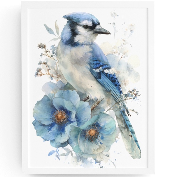 Watercolor Floral Blue Jay Art Print - Unframed Wall Decor - Picture 1 of 6